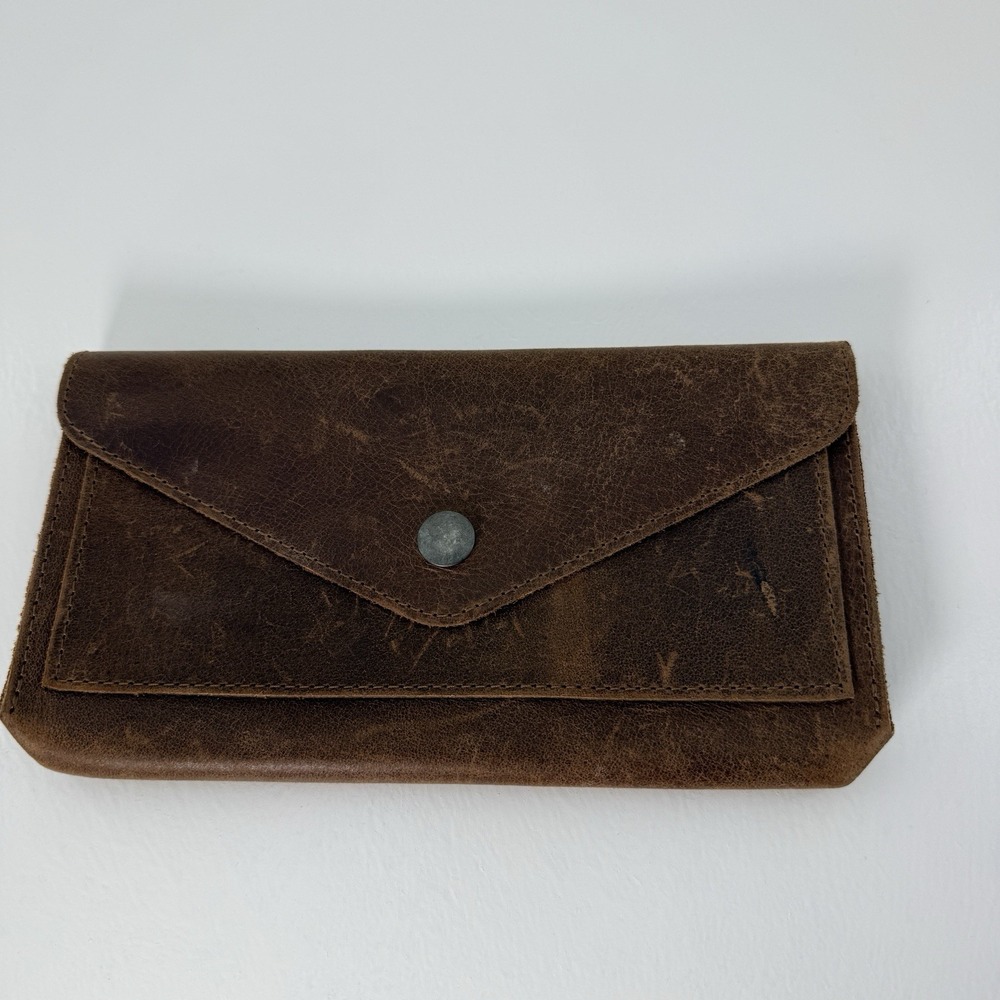 Hide & Drink Full Grain Leather Envelope Wallet Clutch Snap Brown Rustic Pouch